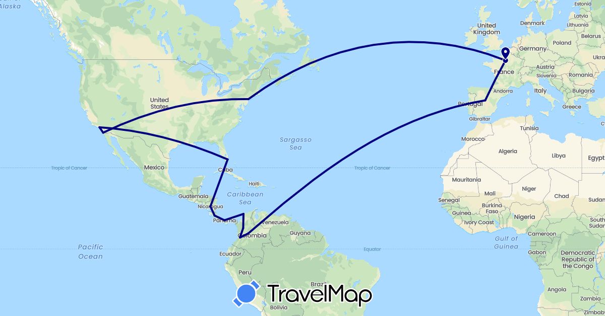 TravelMap itinerary: driving in Colombia, Costa Rica, Spain, France, Nicaragua, Panama, United States (Europe, North America, South America)